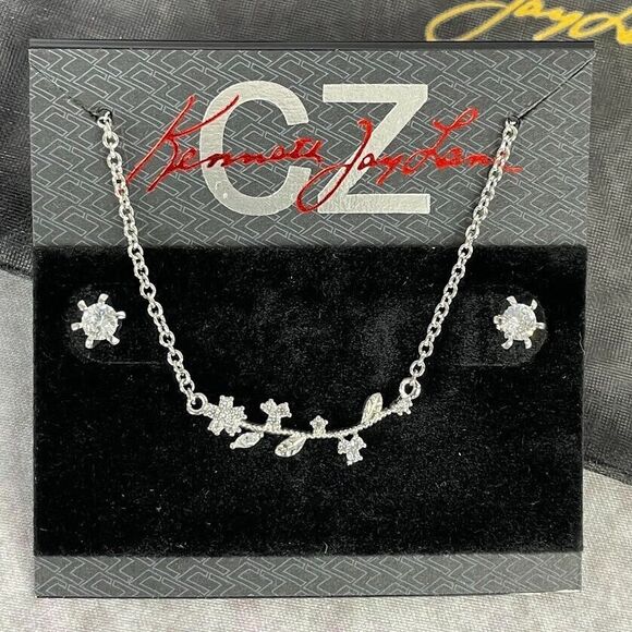 NEW Kenneth Jay Lane Necklace and Earrings Coordinating Set Silver CZ Jewelry - Picture 1 of 12